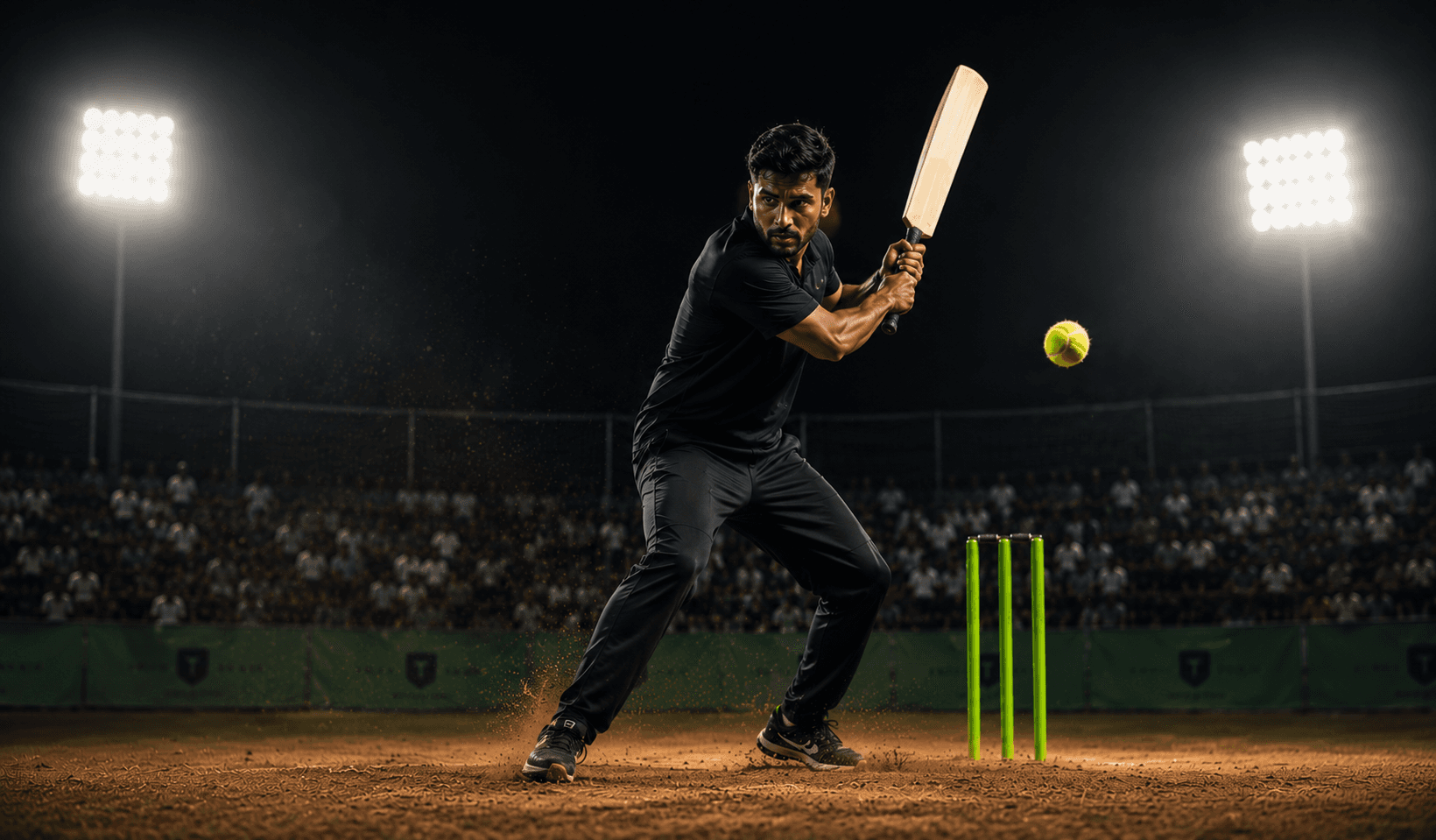 Batsman playing a tennis-ball cricket shot under floodlights at night