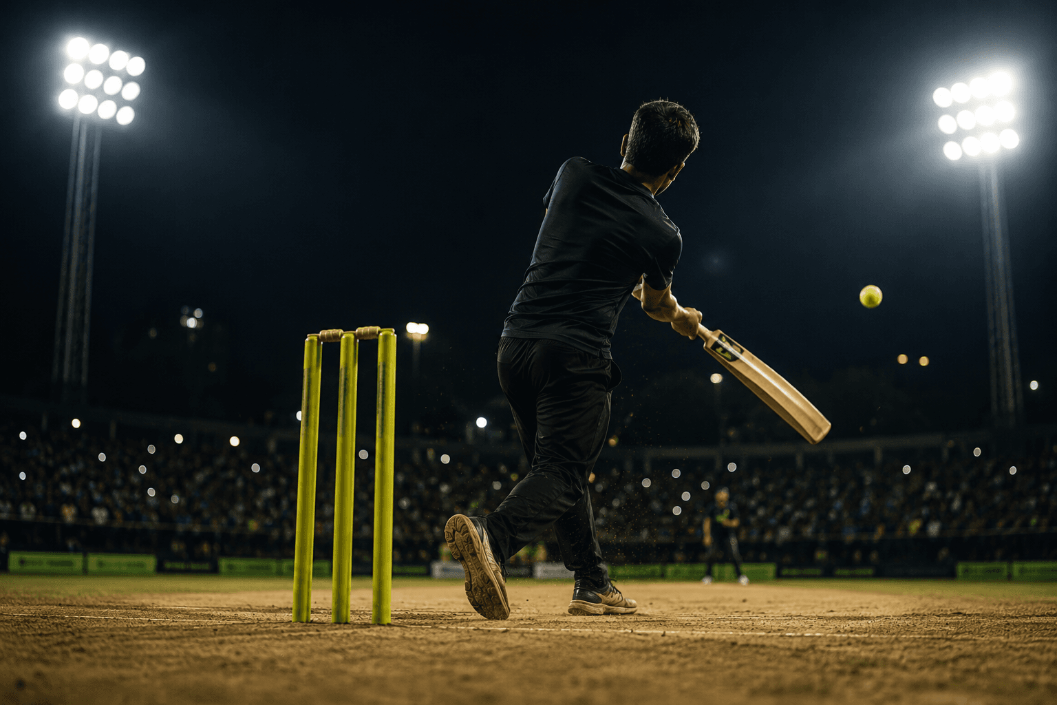 Batsman playing under floodlights at a night tennis-ball cricket match